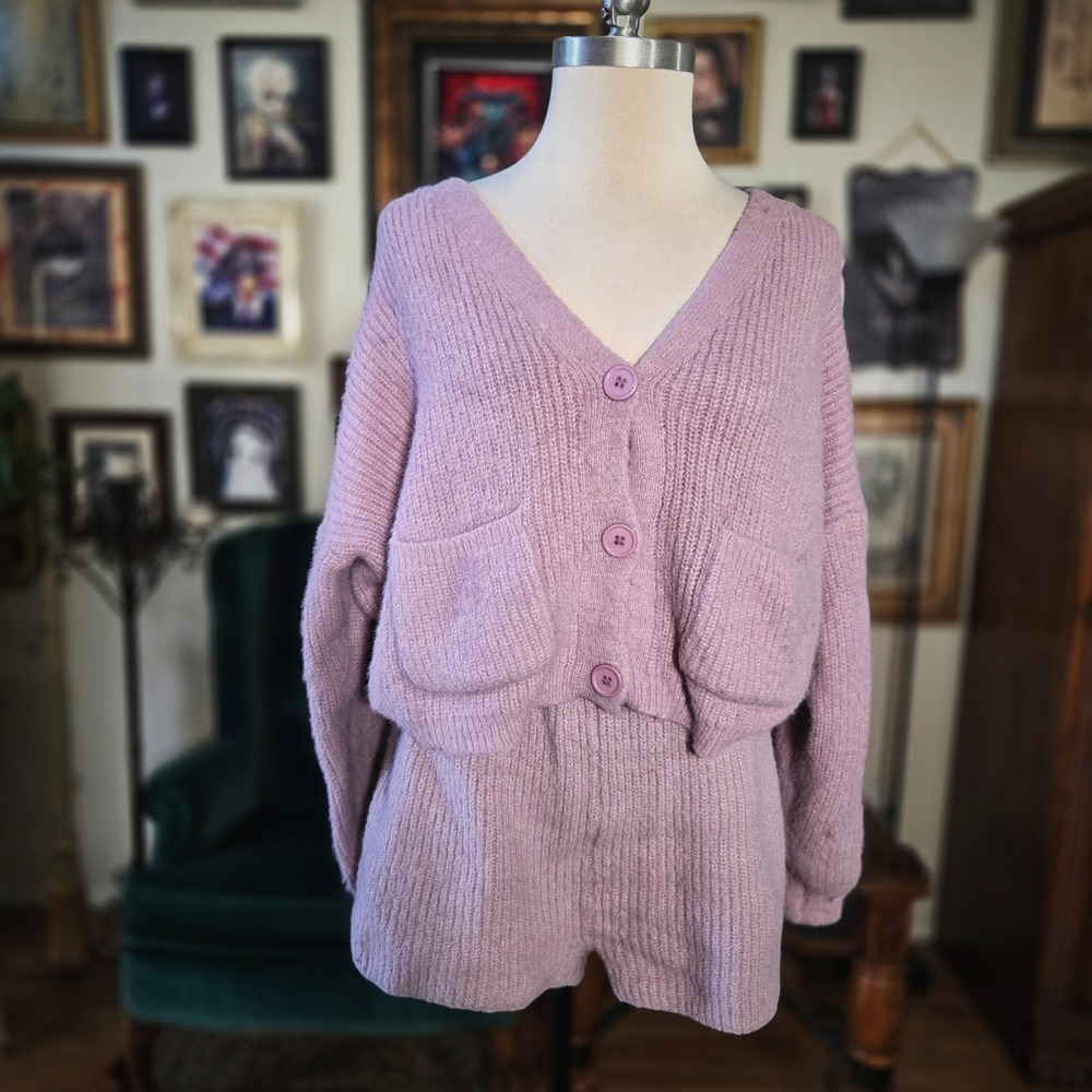 Nasty Gal Purple Knit Sweater Set Cardigan and Shorts Lounge Co-ord Women Size M